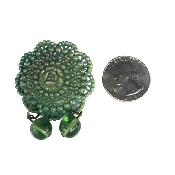 Antique Green Floral Celluloid Rose Brooch with Glass Bead Dangles - Picture 4 of 6
